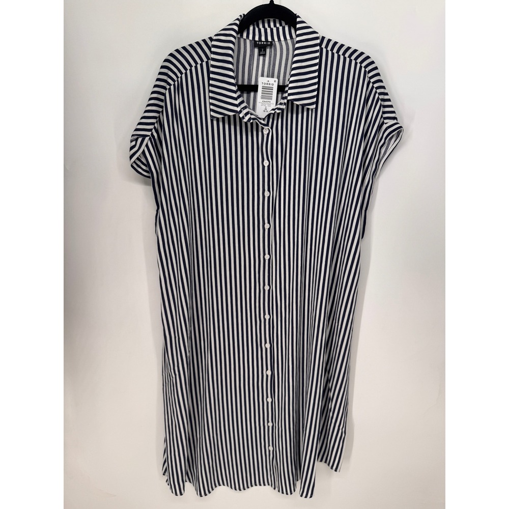 Torrid Button Up Tunic Women 2X Blue NWT Striped Drop Shoulder Short Sleeve